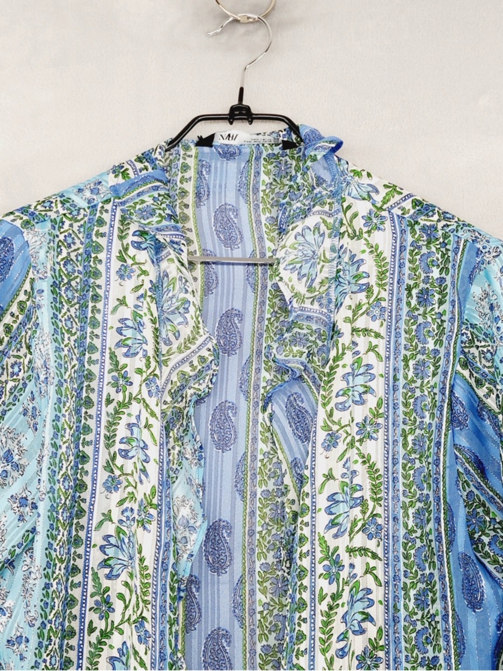 Zara Blouse Womens Medium Blue Green Floral Paisley Ruffle Boho Peplum Top P4775 - Picture 4 of 11
